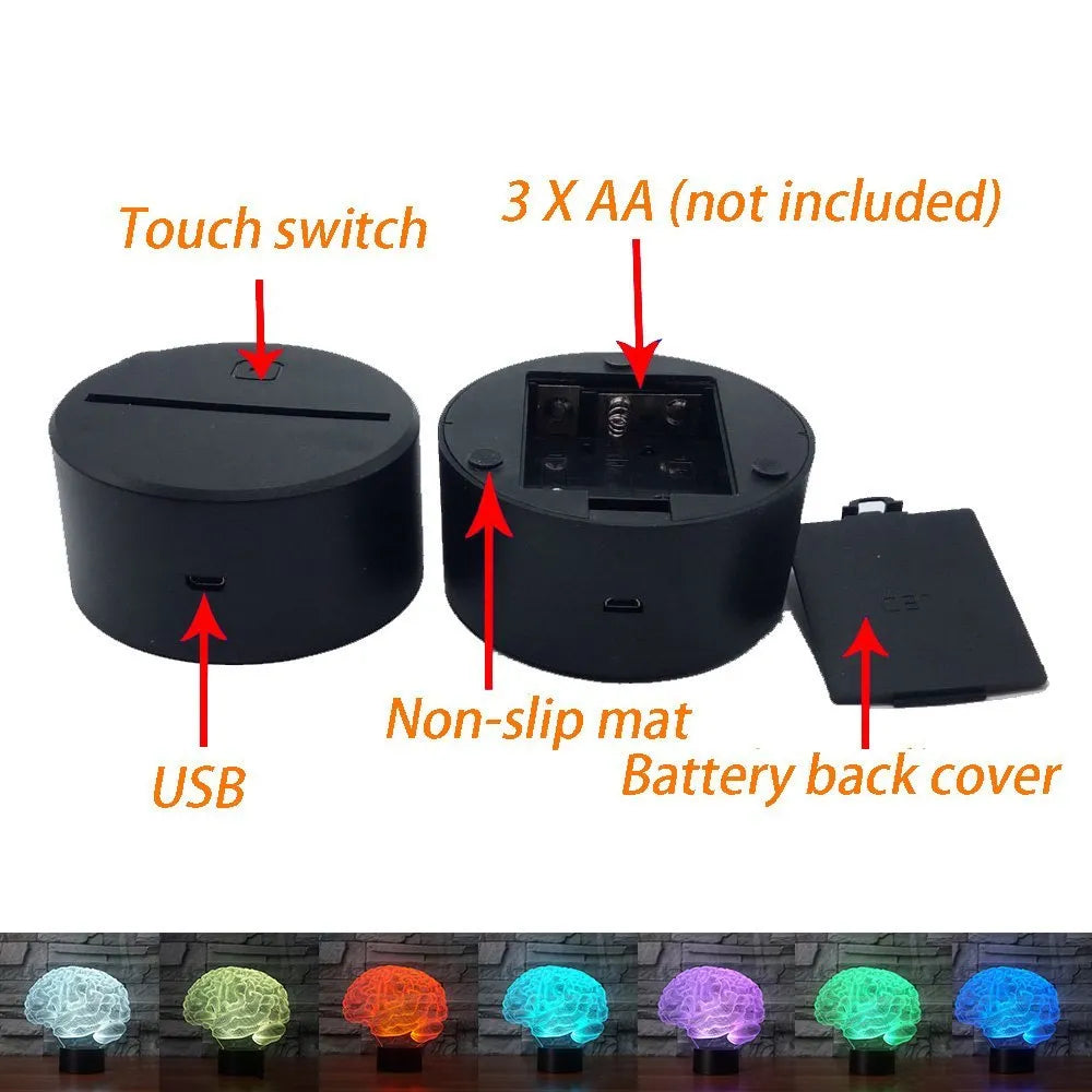 3D brain illusion LED desk lamp with acrylic construction and remote control showing colour changing display