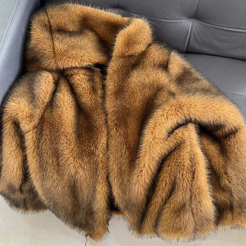 Women's loose artificial fur coat in silver grey colour with medium 65cm length