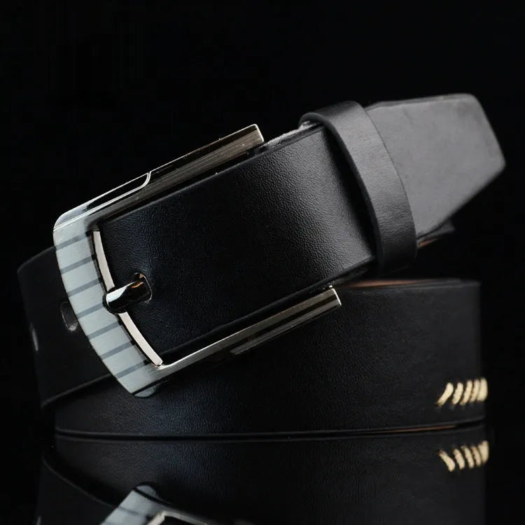 Men's black imitation leather belt with threading pattern and a silver alloy pin buckle.