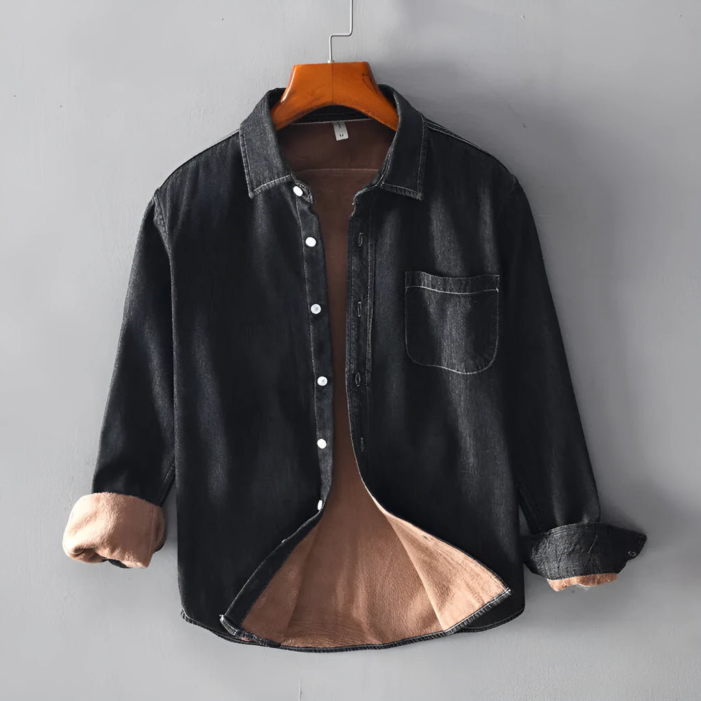 Plush denim cotton long sleeved shirt jacket in blue with lapel collar and pocket