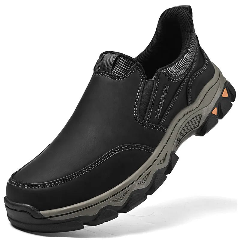 Men's casual flat heel shoes with round toe and rubber sole in black, brown, or grey