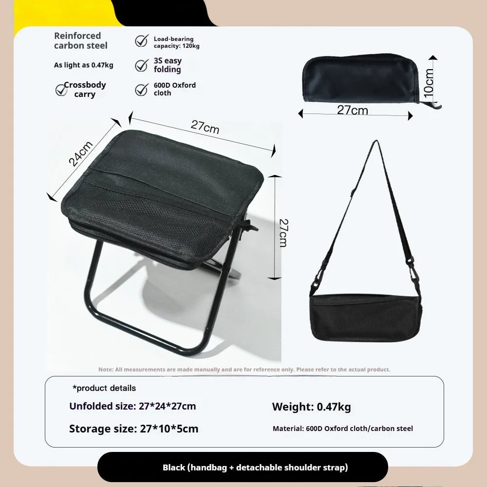 Lightweight foldable outdoor camp chair stool in Oxford cloth, shown in a khaki colour, folded compactly.