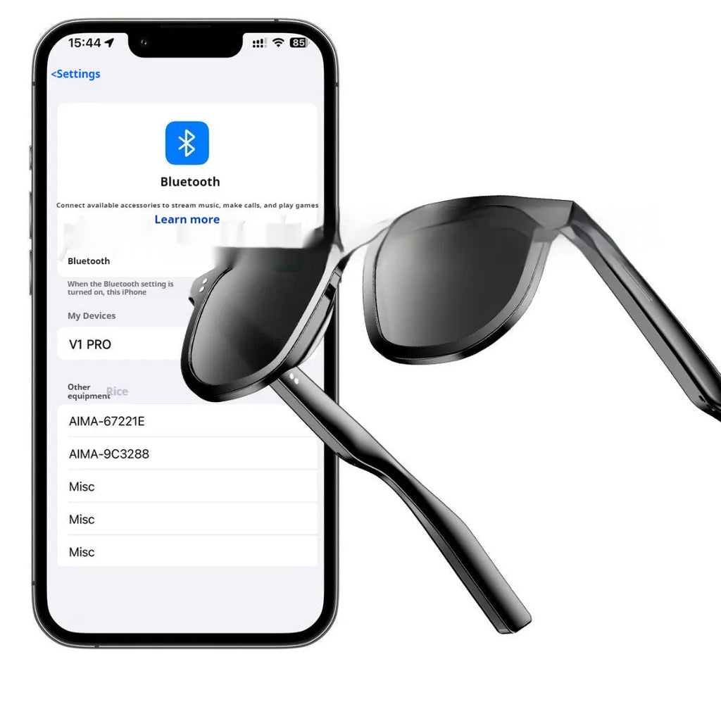 Black AI smart glasses with Bluetooth audio and sunglass lenses on a head-mounted display.