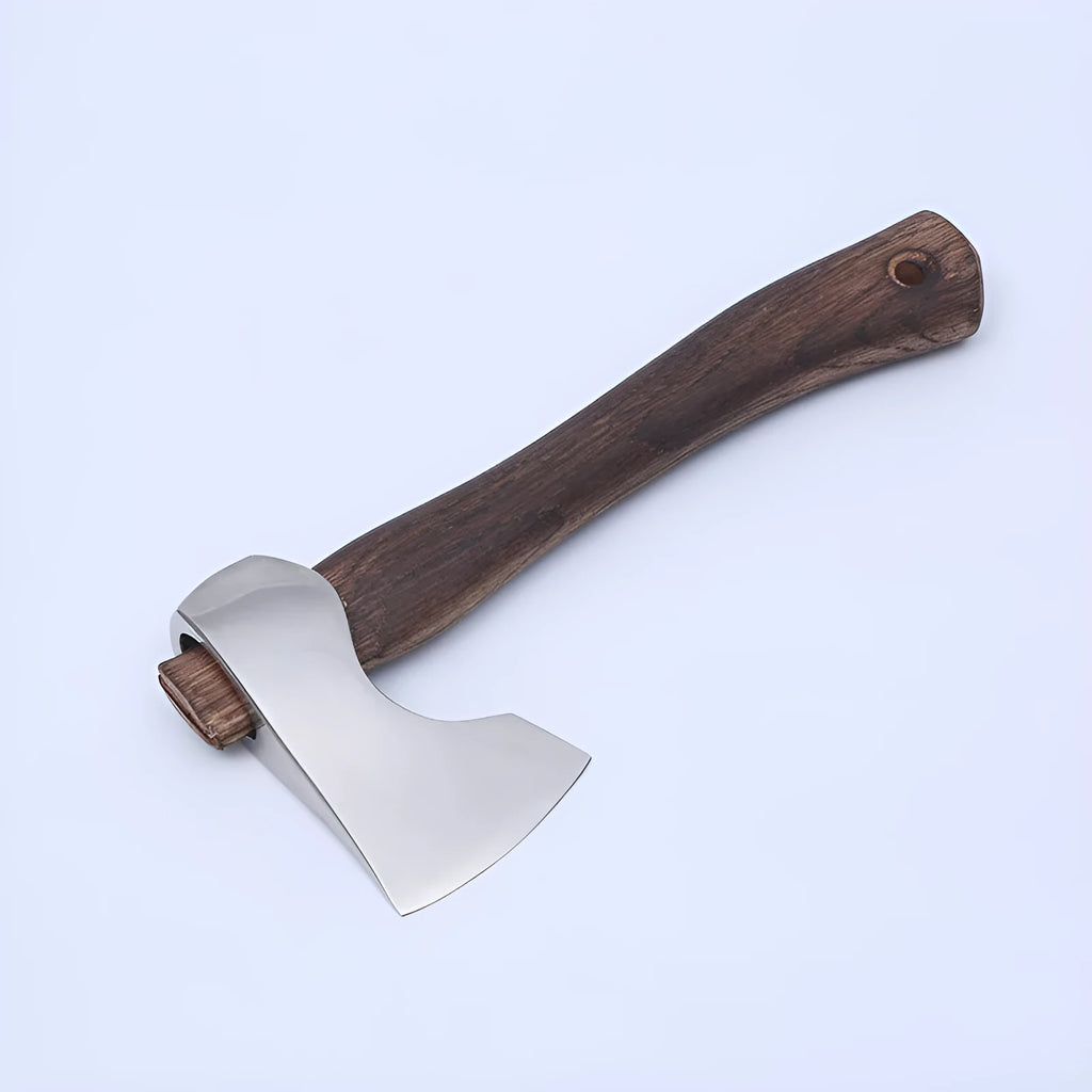 Camping axe with wooden handle and high-carbon steel blade on a neutral background