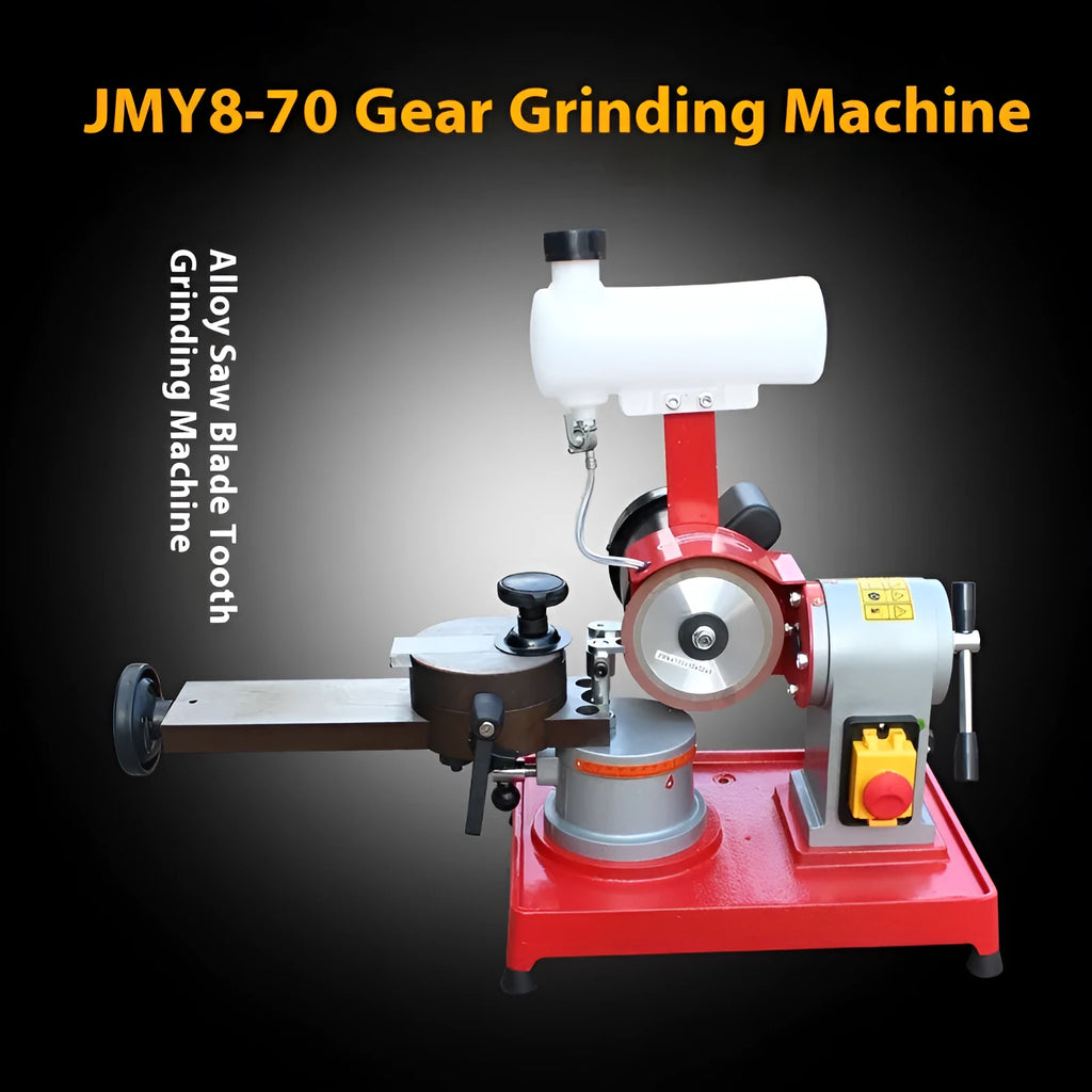 Xiao Mo Wang manual gear grinding machine for sharpening alloy circular saw blades on a workbench.