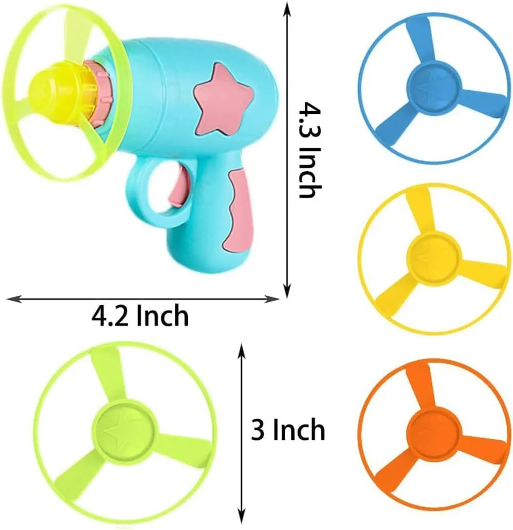 Blue or pink plastic cat toy gun launcher with spinning Frisbee for indoor cat play.