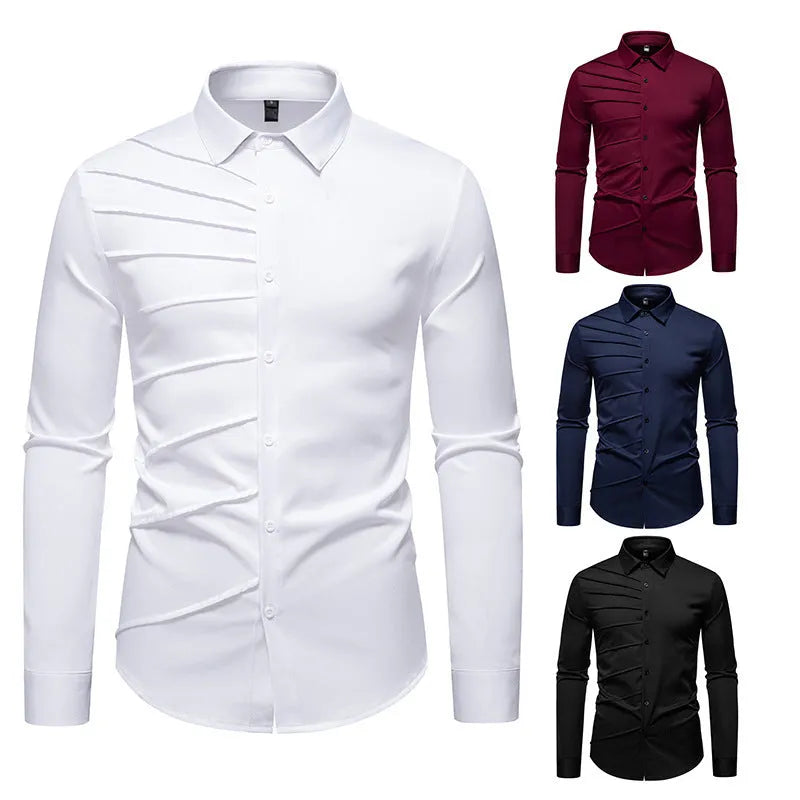 Men's pleated design casual long-sleeved shirt in slim-fit cardigan style, polyester fabric, white colour
