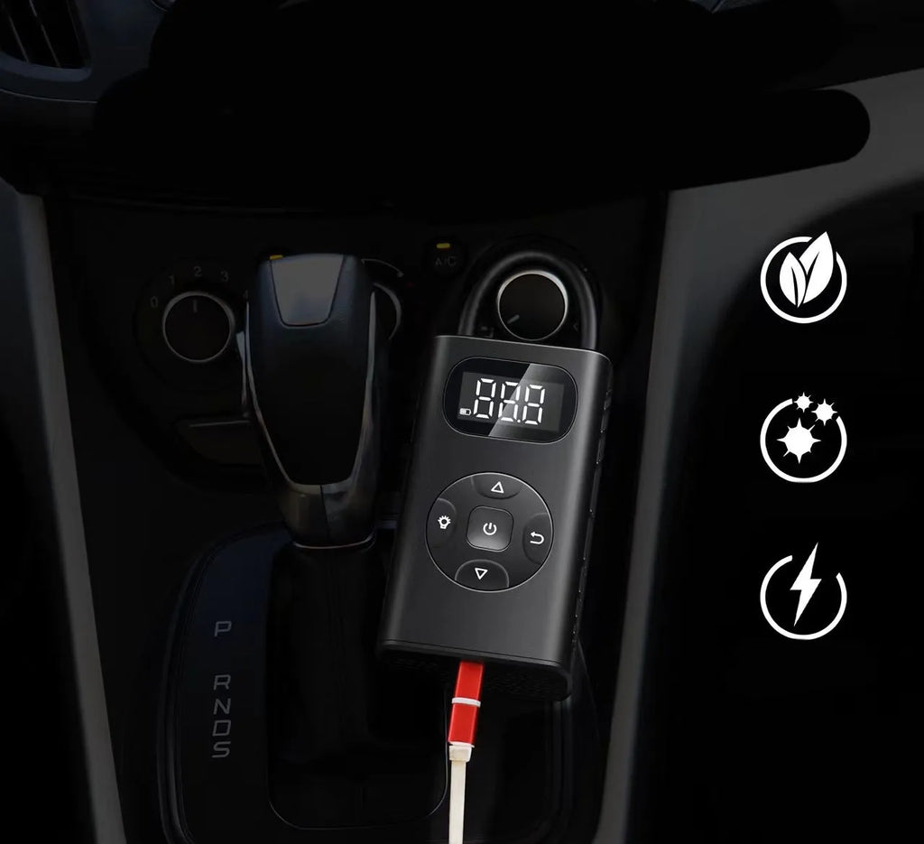 Black aviation aluminium portable power bank tyre inflator with digital display and hose for cars and bikes.