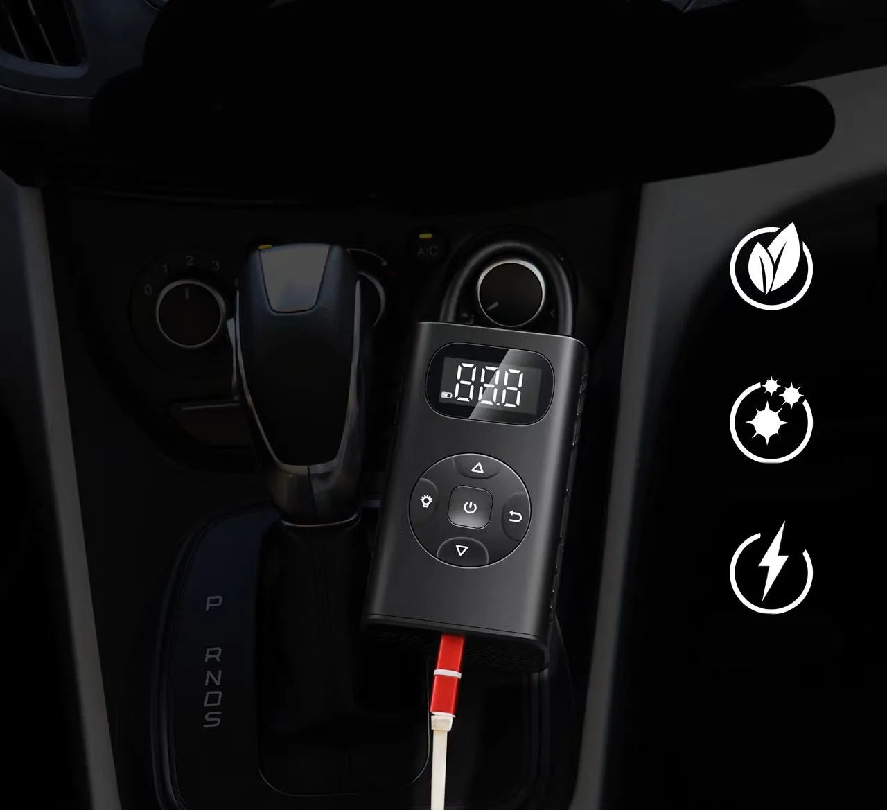 Black aviation aluminium portable power bank tyre inflator with digital display and hose for cars and bikes.
