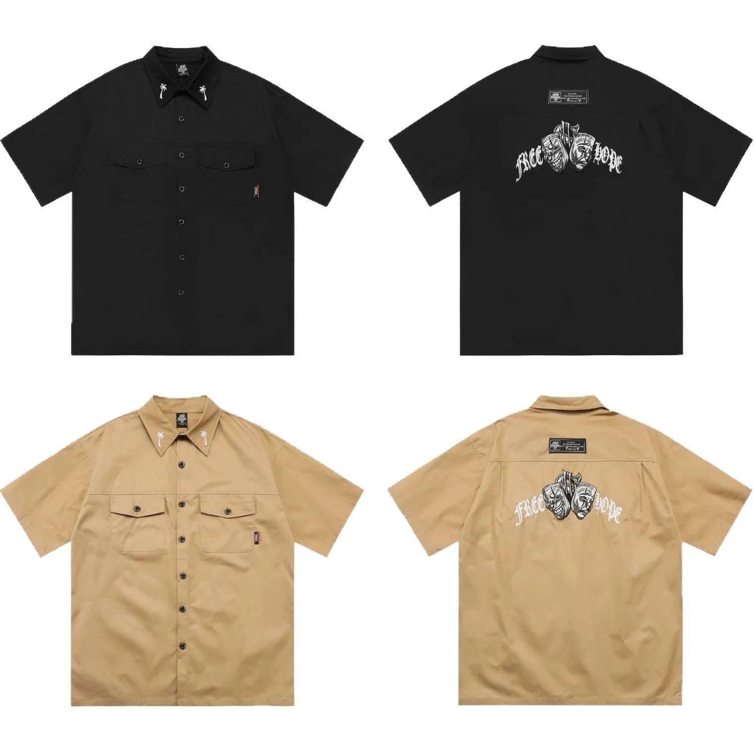 Black cotton blend half sleeve work shirt with embroidery in plus size loose fit