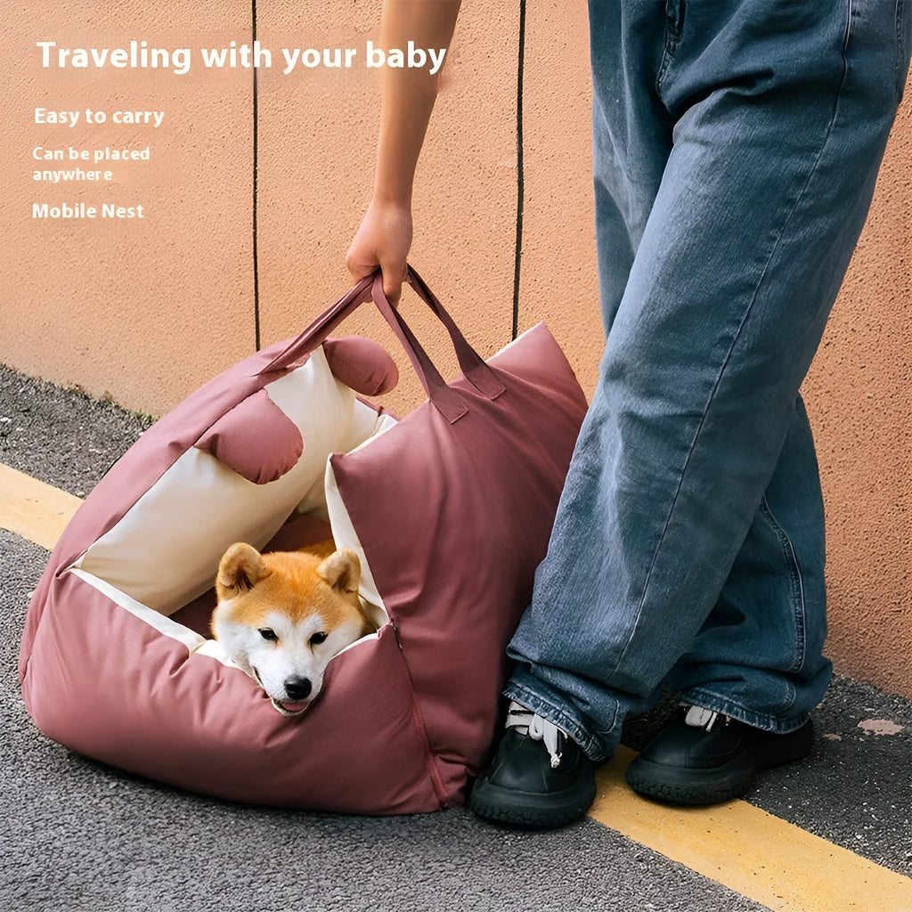 Blue beige universal dog car kennel with removable washable cover shown in a vehicle boot.