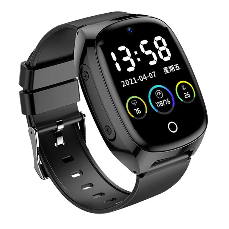 Black GPS tracker smartwatch with 1.54-inch touch screen displaying health metrics and SOS function