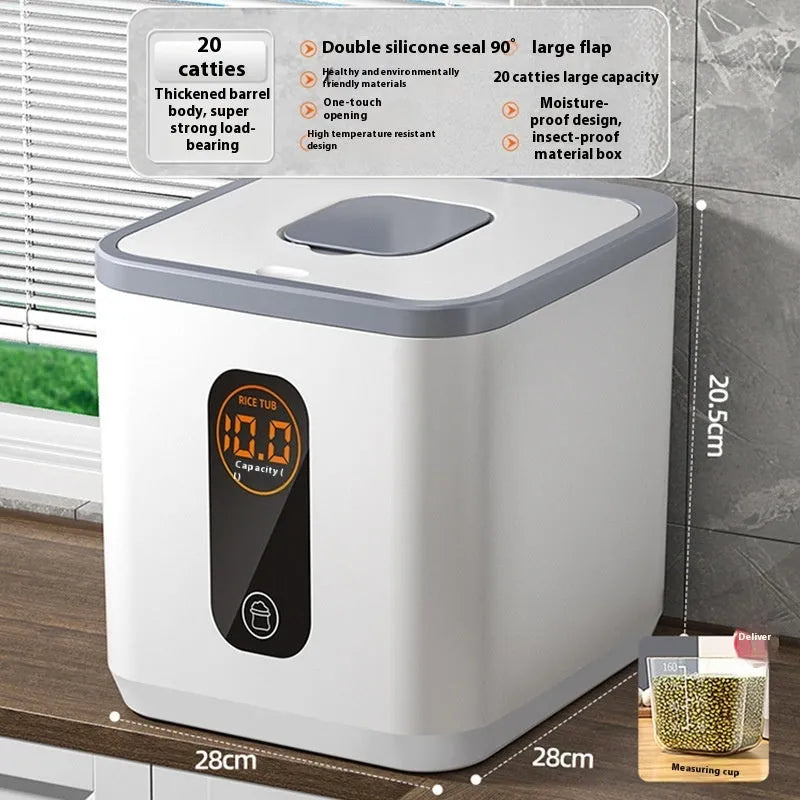 Grey plastic rice storage jar with a sealed lid and a measuring cup