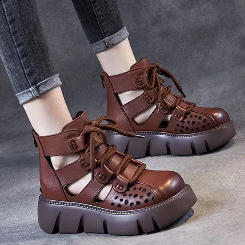 Women's black platform sandals with hollow hole design and fish mouth toe shape