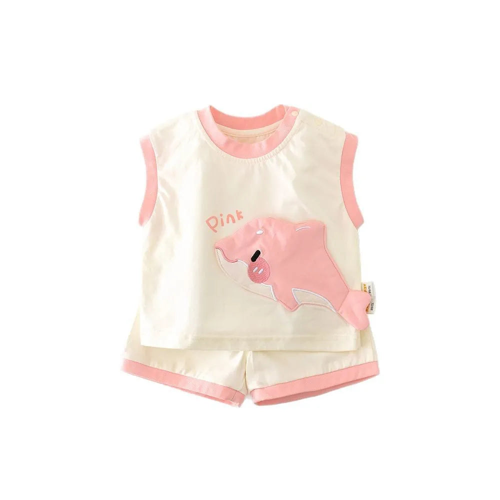 Blue shark cartoon vest and shorts set for toddlers, cotton blend pullover summer suit