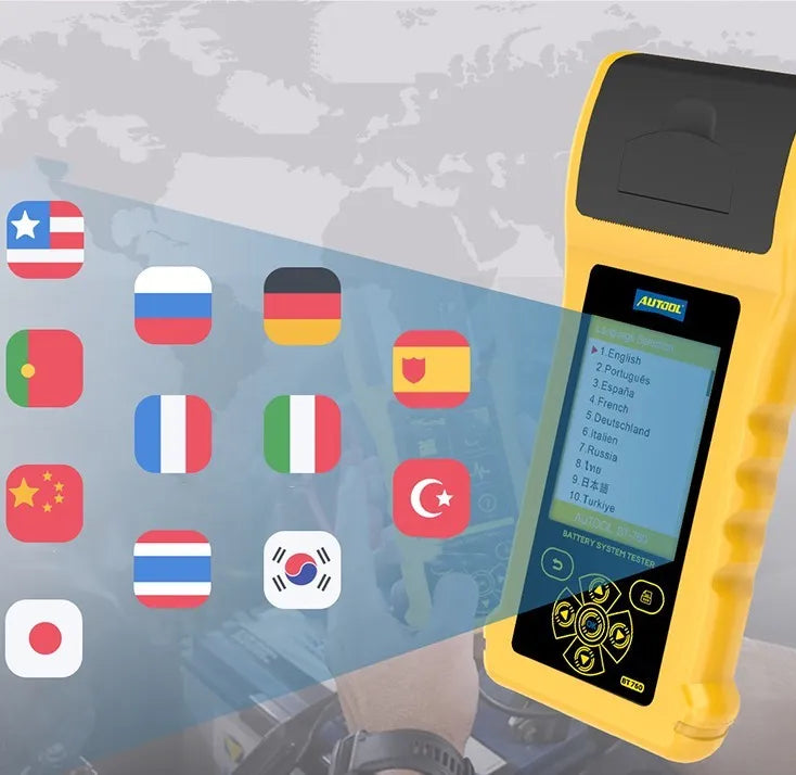 Autool BT760 colour screen car battery tester with clip leads and printed diagnostic receipt.