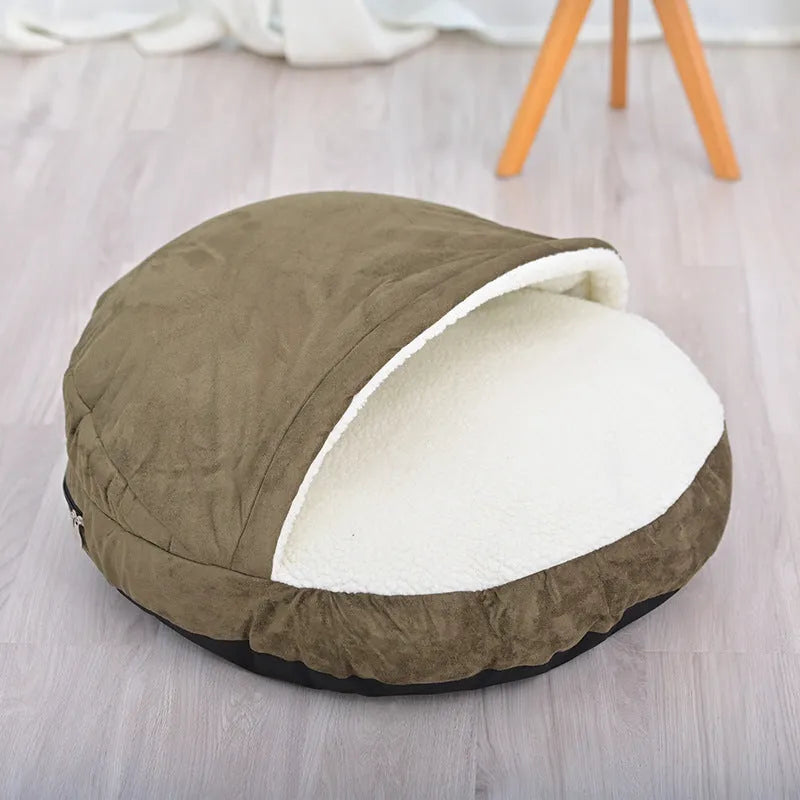 Removable cloth dog kennel in brown and grey colour options showing S and M sizes