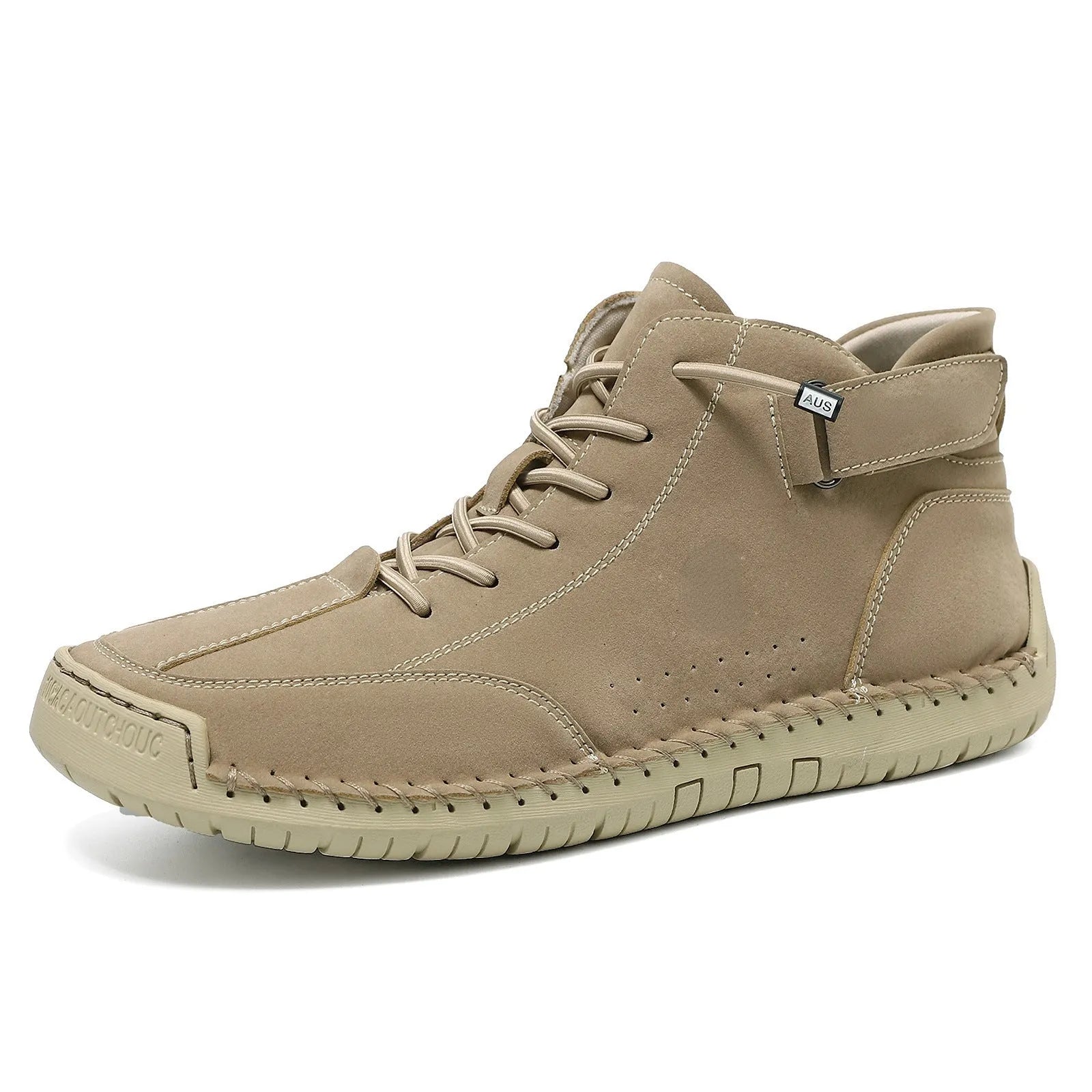 Handmade stitching Martin boots high top with microfiber upper and rubber sole in khaki