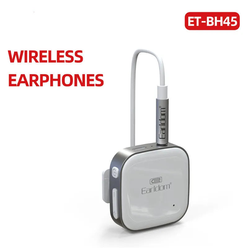 Bluetooth lavalier headphones with audio receiver showing colour options and lavalier clip design