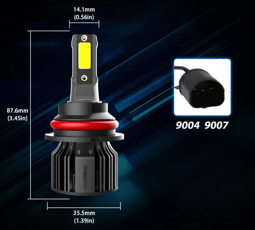 6000K white LED car headlight bulb kit showing compact size and connector for H7 H11 9005 fitments