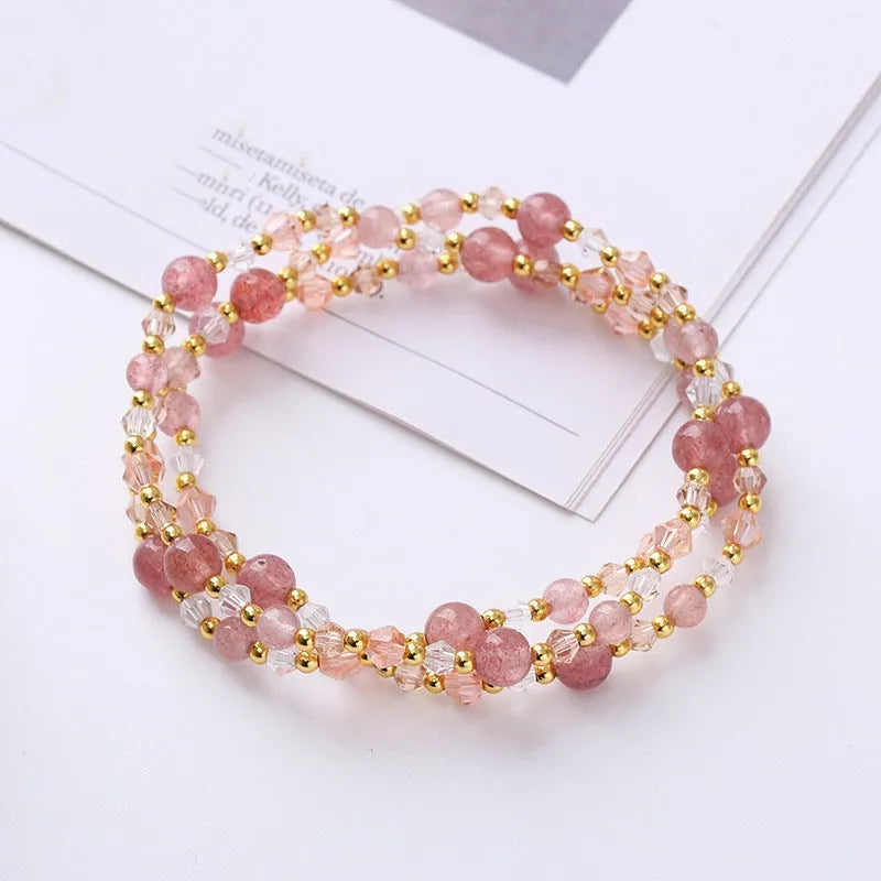 Handmade three-ring adjustable bracelet with colourful crystal stones on adjustable cord