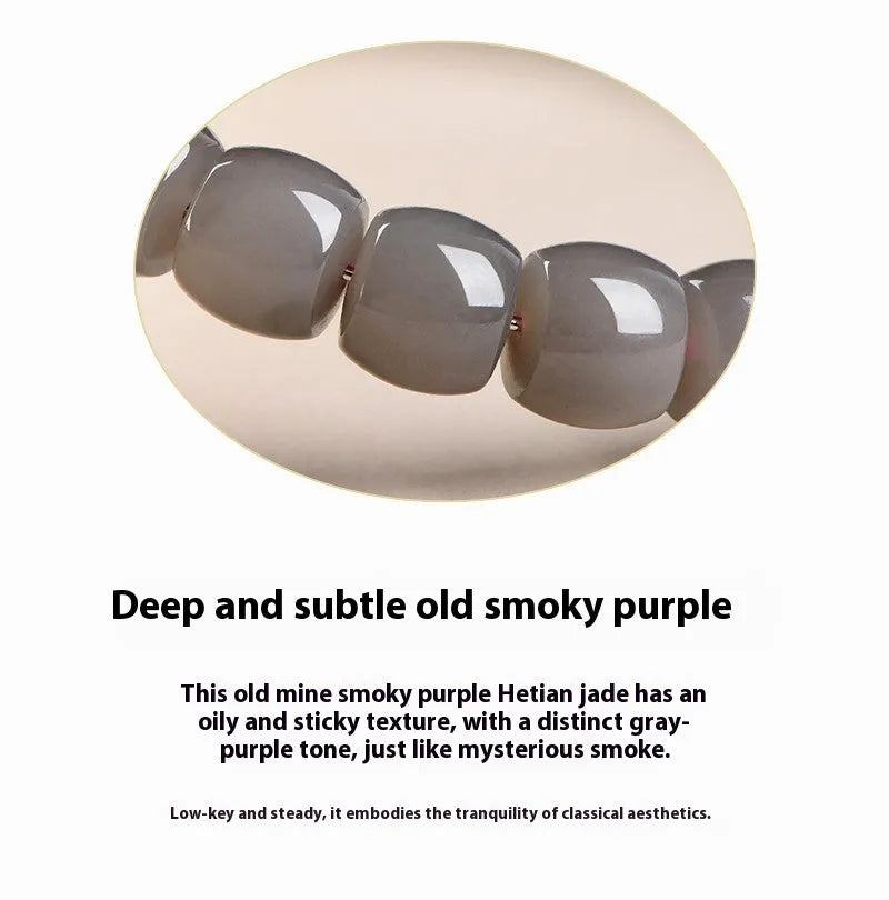 Straight cut Hetian jade bracelet with smokey violet beads measuring 8x9mm