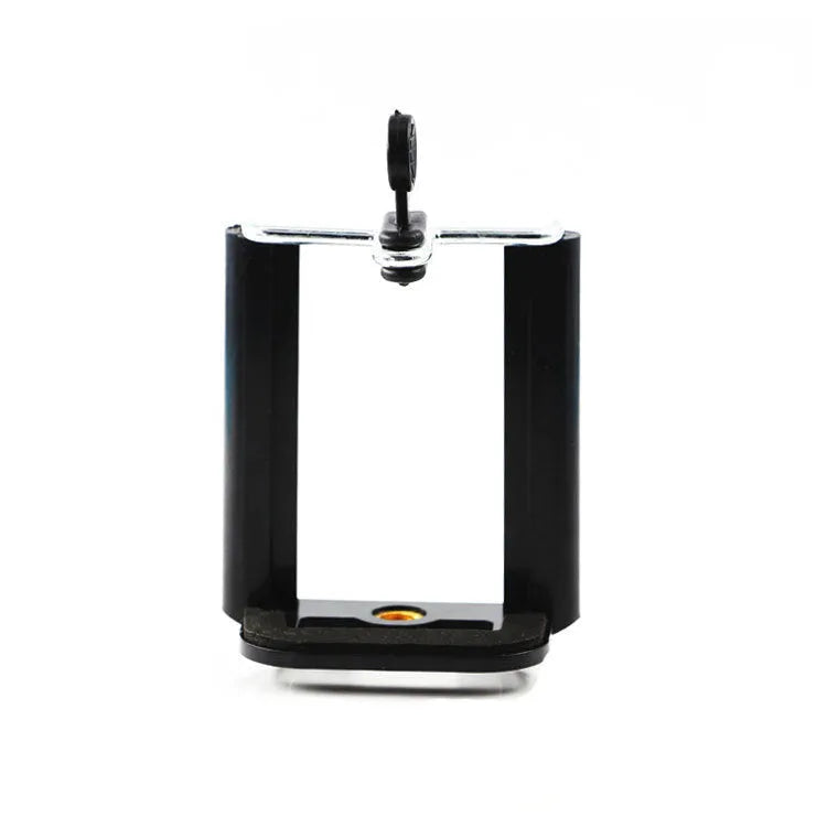 Black U-shaped plastic mobile phone clip holder for attaching to a hose.