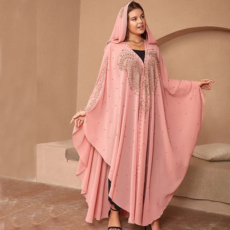 Purple Muslim style chiffon cape with rhinestone bead detailing, shown draped at 135-175cm length
