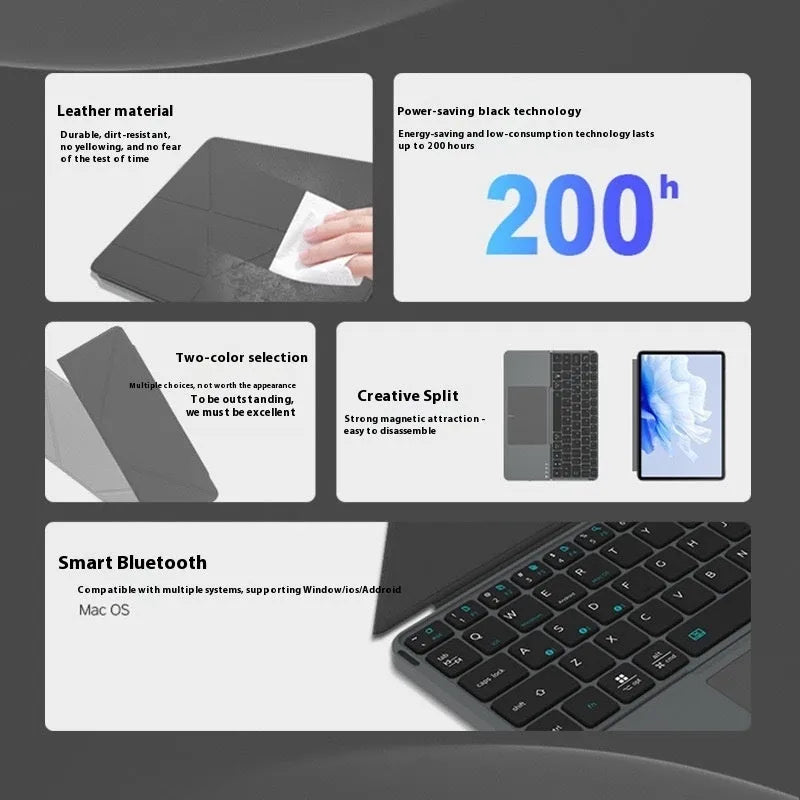 Grey wireless Bluetooth folding keyboard shown in open and closed positions for use with phones and tablets.