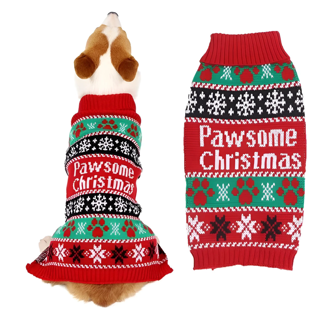 Red high-necked acrylic dog sweater on a pet, sizes XS to XL