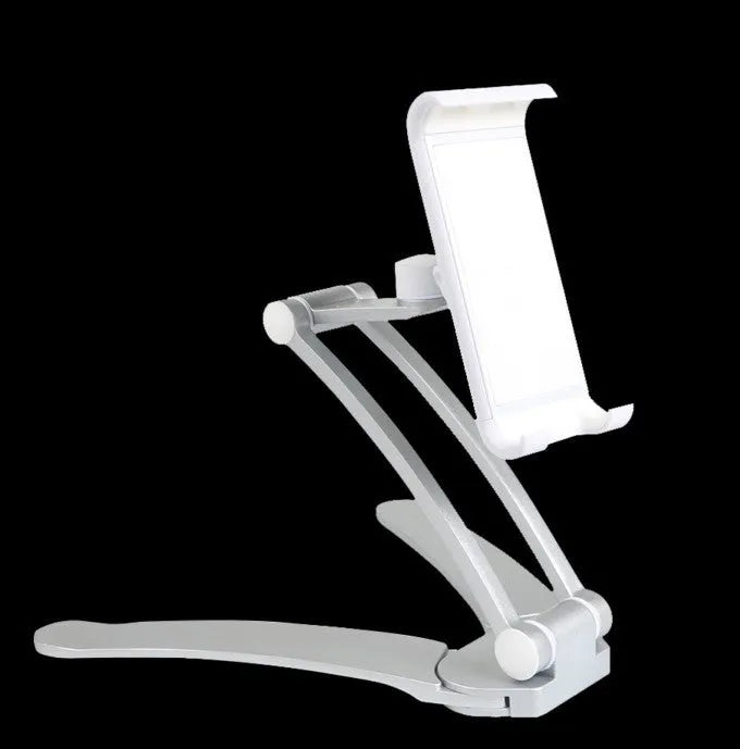 Silver aluminum alloy tablet stand with white mount holding tablet at adjustable angle