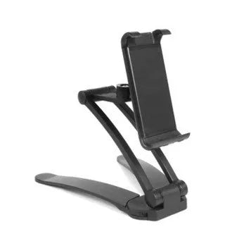 Silver aluminum alloy tablet stand with white mount holding tablet at adjustable angle