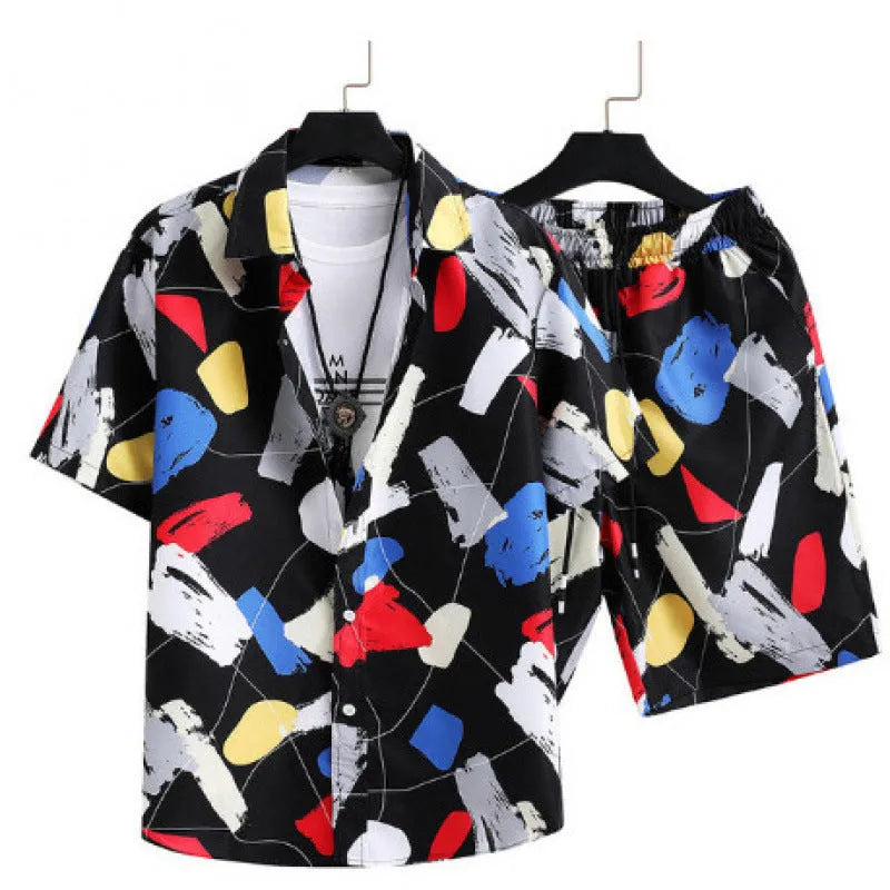 Men's casual digital print cardigan suit with short sleeves and matching shorts on a hanger.