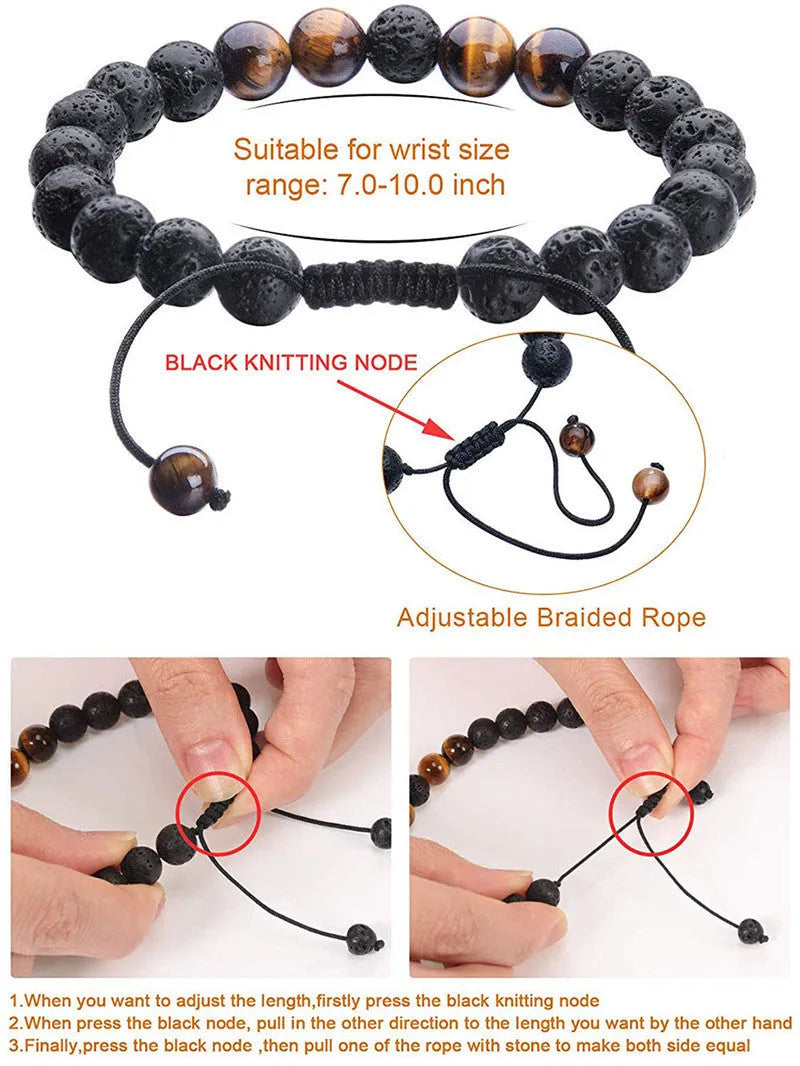 A pair of geometric matte black agate bead bracelets for couples on a neutral background.
