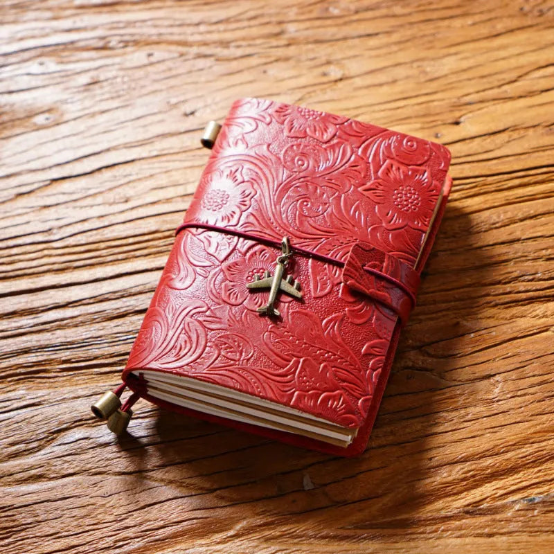 Creative vintage engraving cowhide travel notepad in black A5 size with genuine leather cover