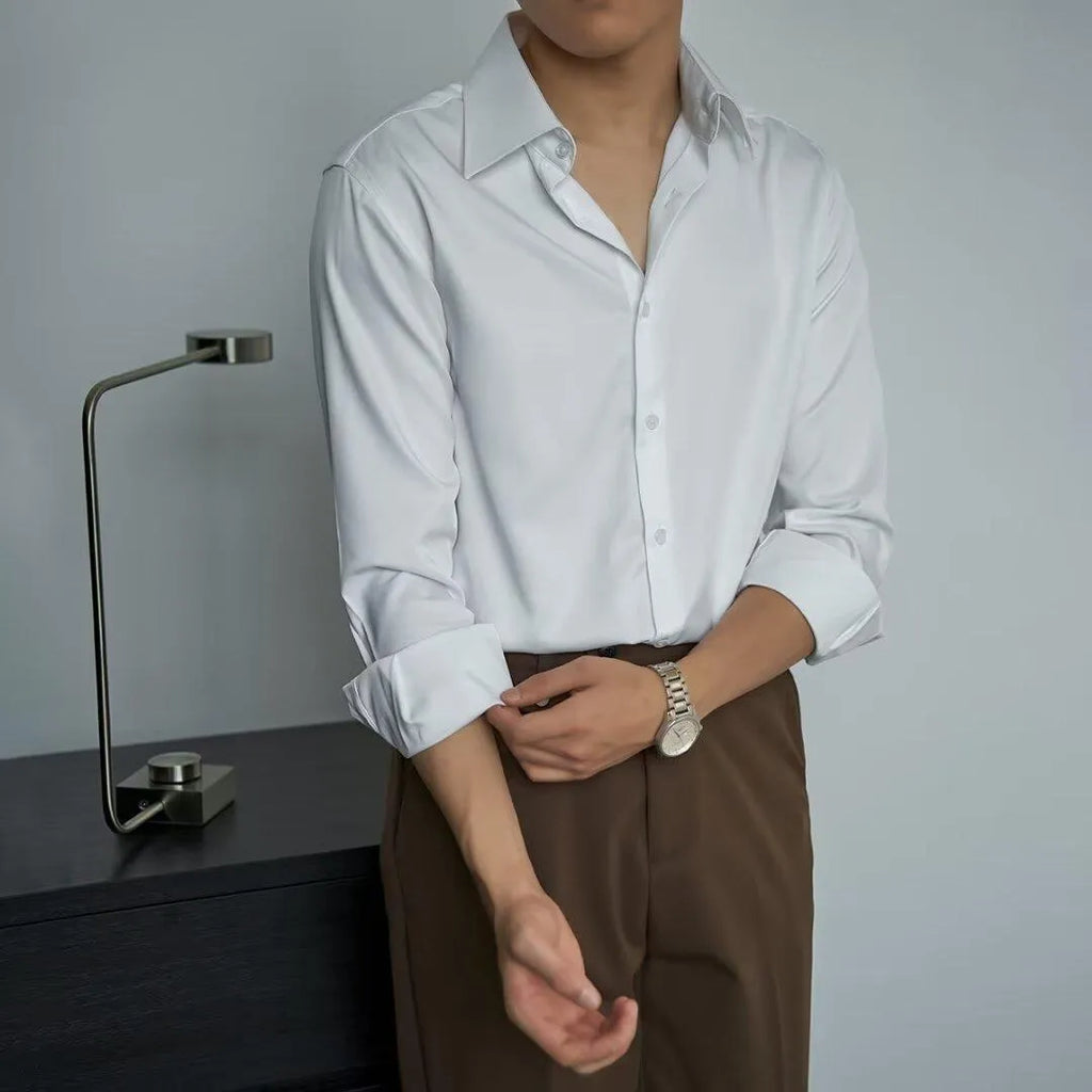 Black men's slim fit long sleeve cardigan shirt in Korean style with Japanese retro design