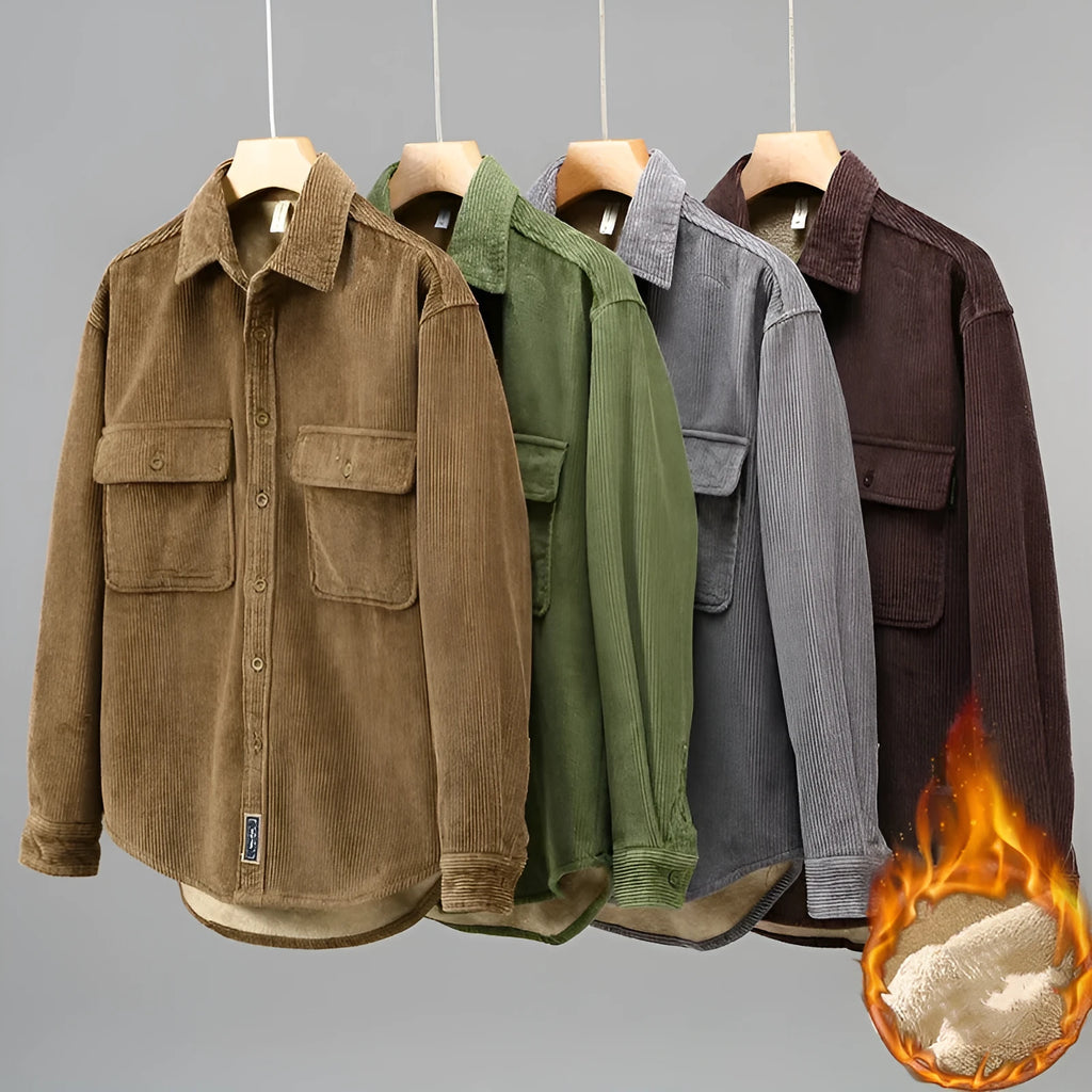 Men's fleece lined corduroy coat shirt in khaki, loose fit, long sleeves, non-iron