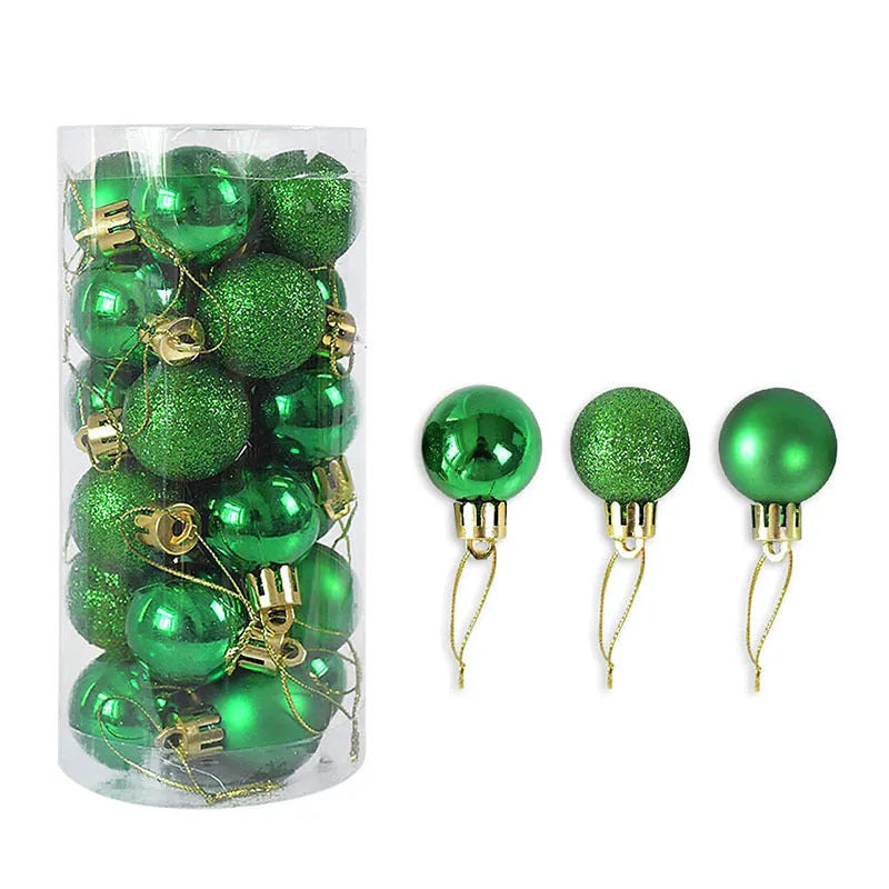 Assorted metallic gold, red, silver, and blue 3cm plastic Christmas bauble ornaments in a box.