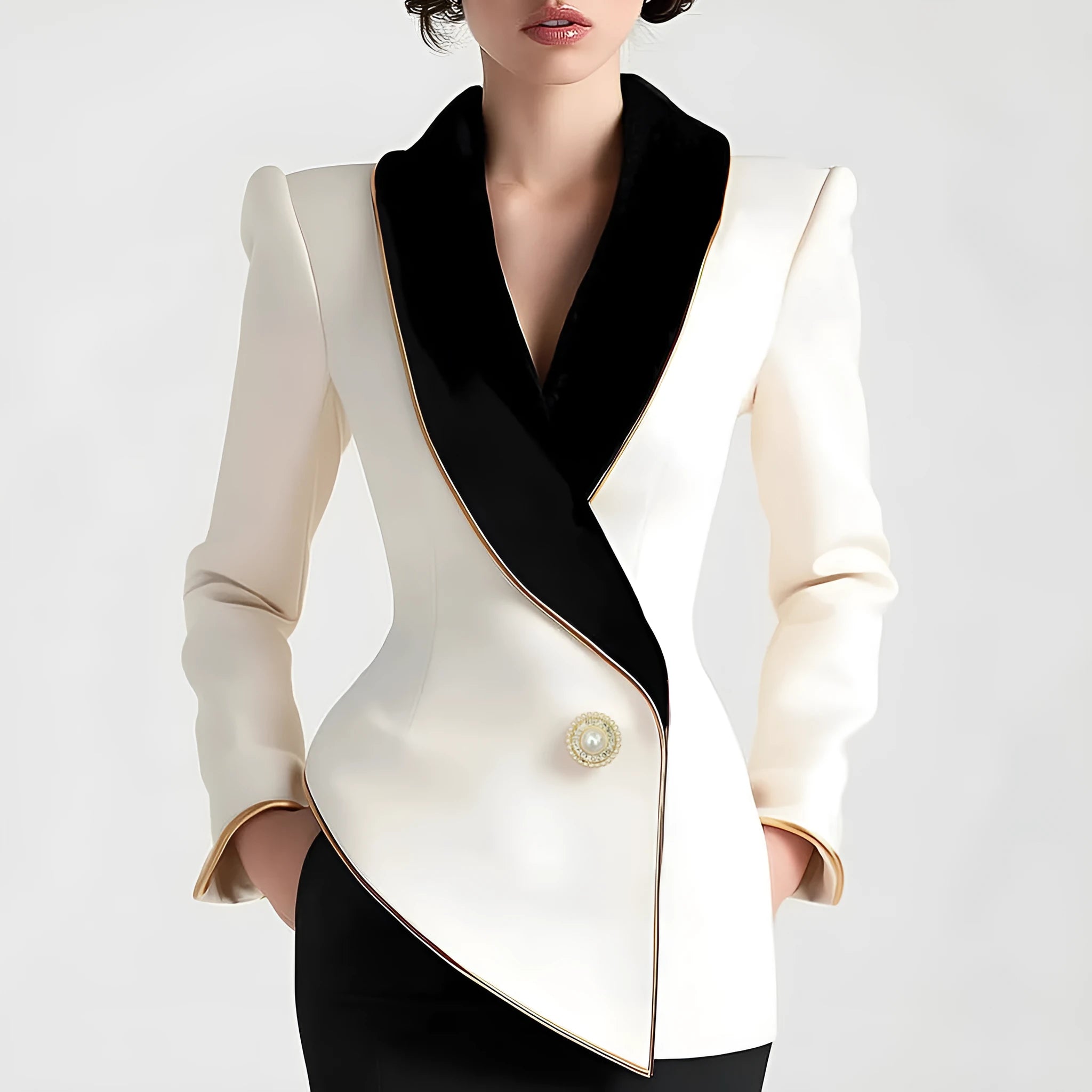 Milky white women's long sleeve coat with golden edge trim and pearl buttons