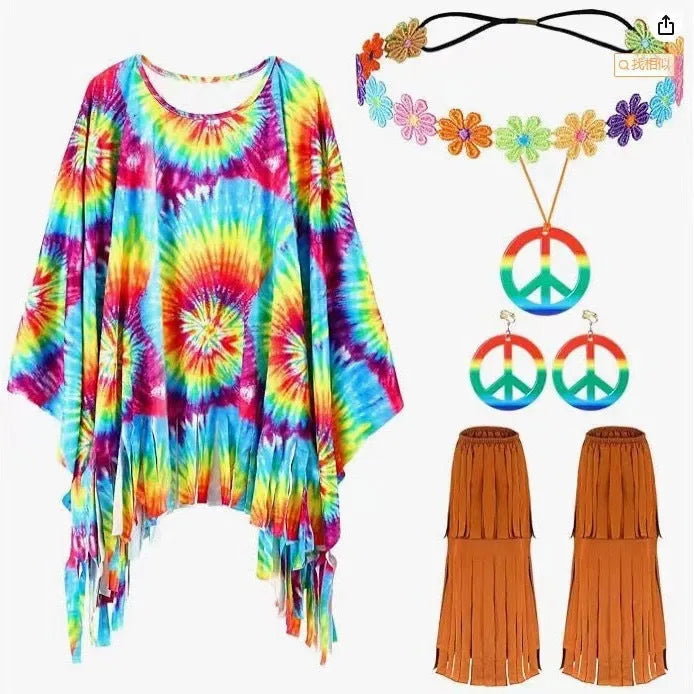 Tie dye patterned spandex cloak costume with bell sleeves in rainbow colours for Halloween