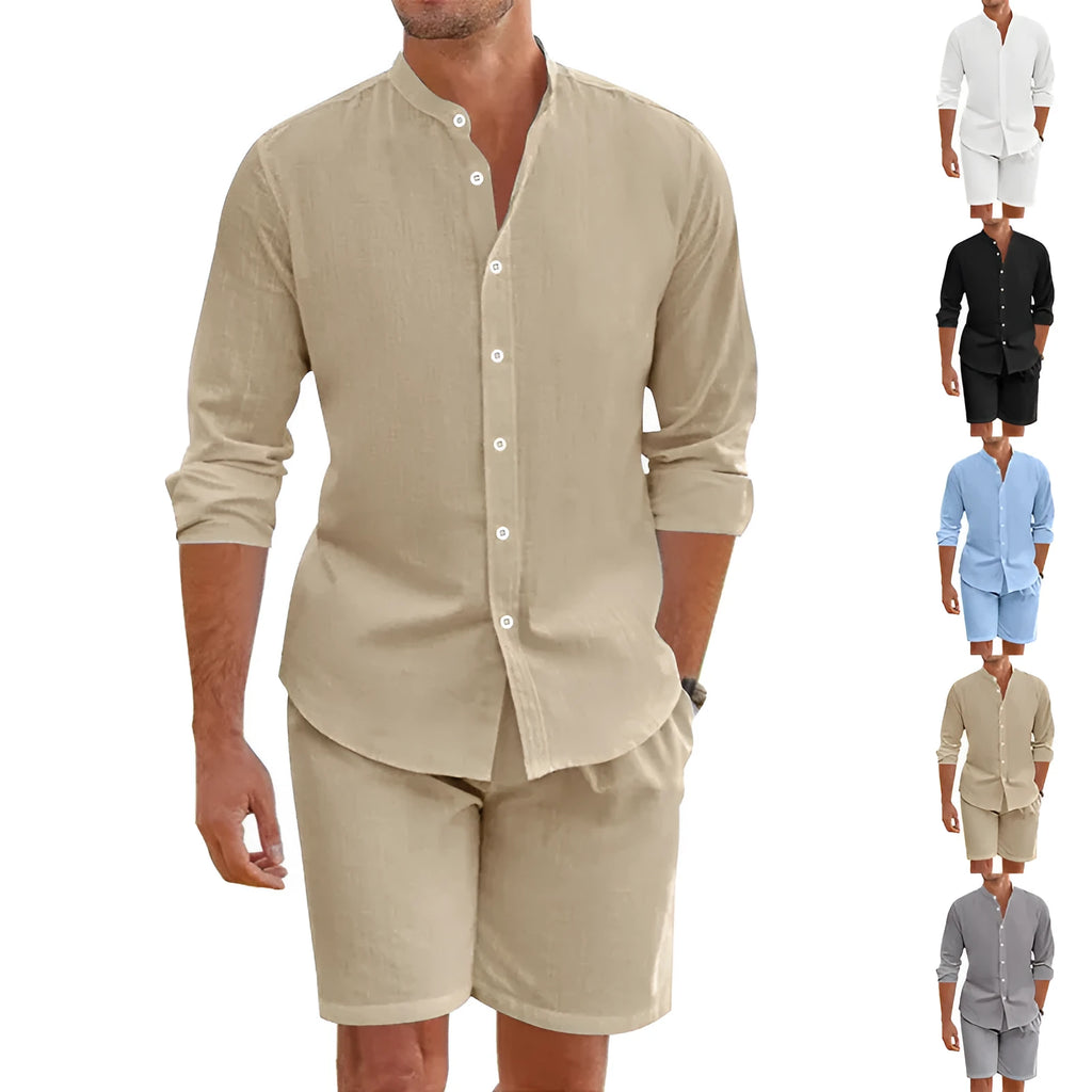 Men's linen blend summer suit set showing short sleeve lapel shirt with matching drawstring shorts in dark grey colour