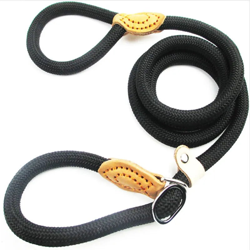 Brown nylon dog leash with hand holding rope design measuring 2.1 metres in length