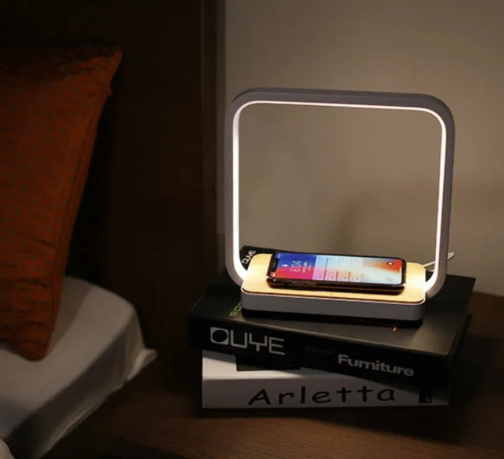 White plastic touch control LED lamp compatible with iPhone on a nightstand