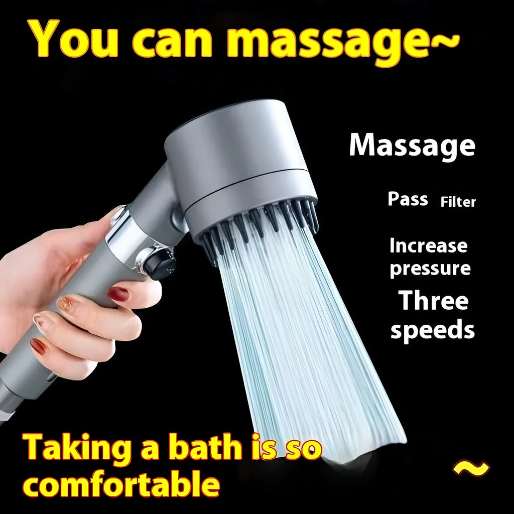 Portable white ABS shower head with a modern simple design and three-gear adjustment dial.