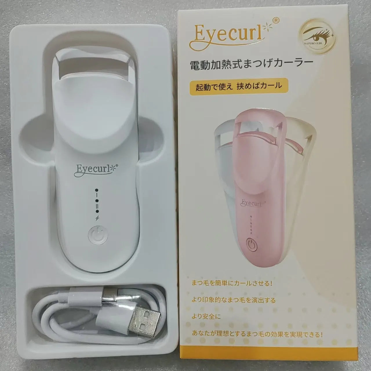 Electric eyelash curler with USB charging cable in cream white, maca pink or vanilla apricot colour options