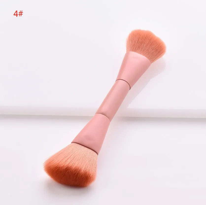 Open case showing 10 pink-handled makeup brushes including loose powder, foundation, flat head, and double-ended brushes.