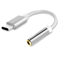 Close-up of a short black nylon Type-C to 3.5mm female headphone adapter cable.