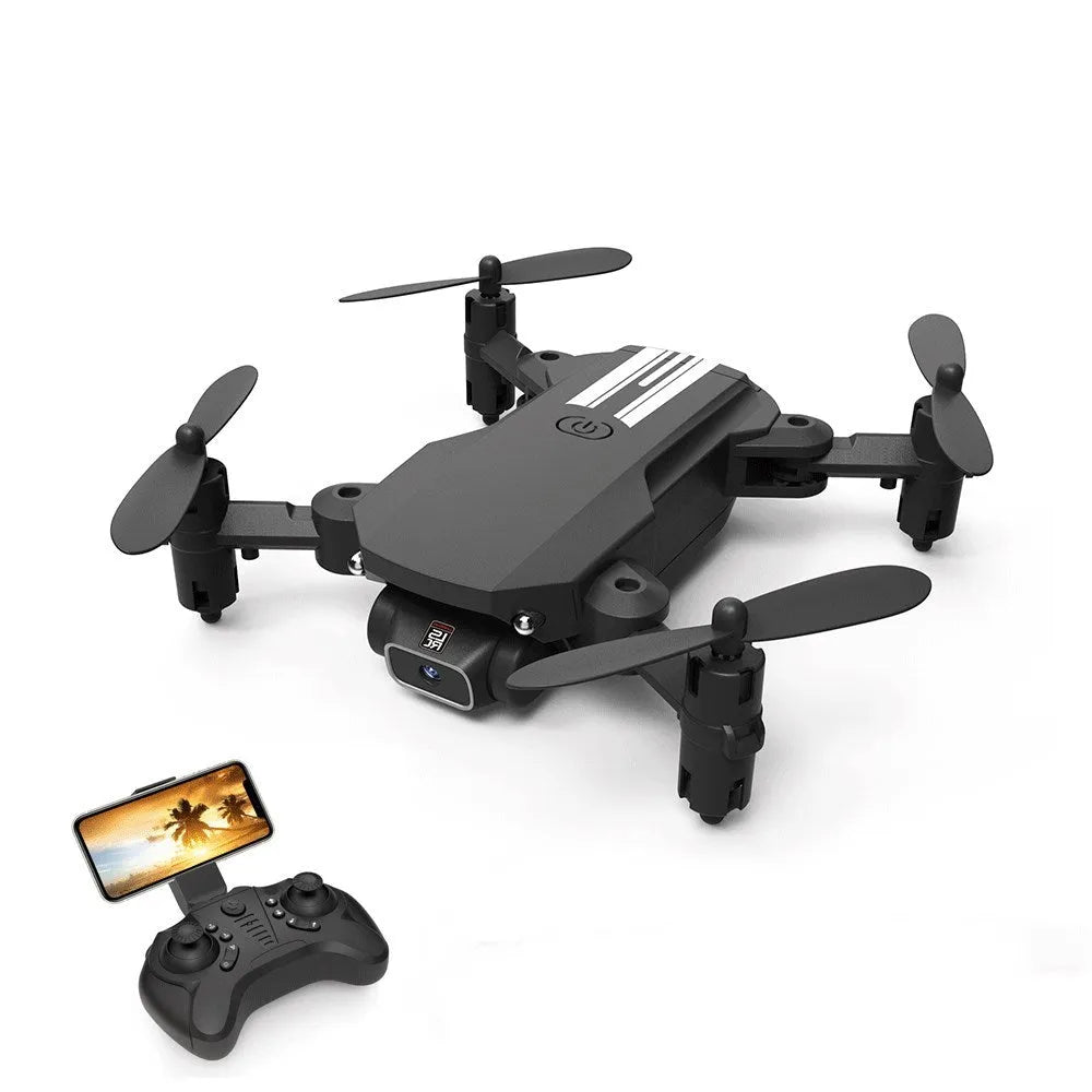 Mini folding aerial drone with 4K camera, black, arms open showing four propellers, compact body on white background