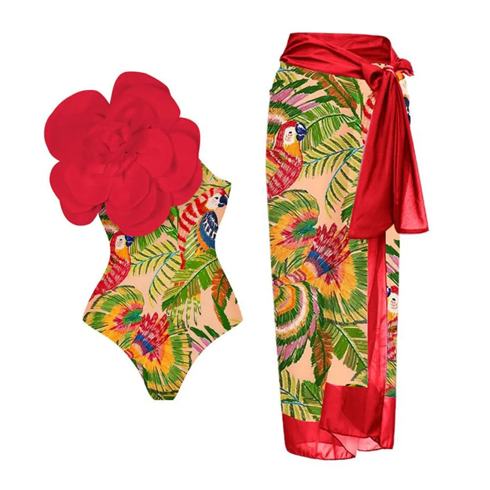 Women's one-piece swimsuit with three-dimensional flower design in polyester fabric for swimming