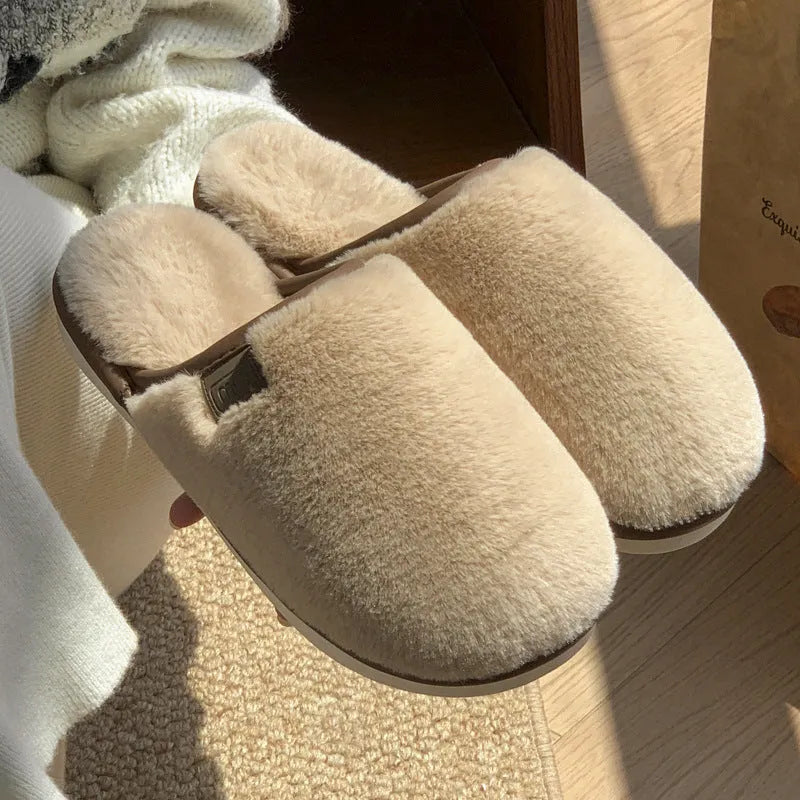 PVC winter plush slippers in solid colour with non-slip sole for indoor home use